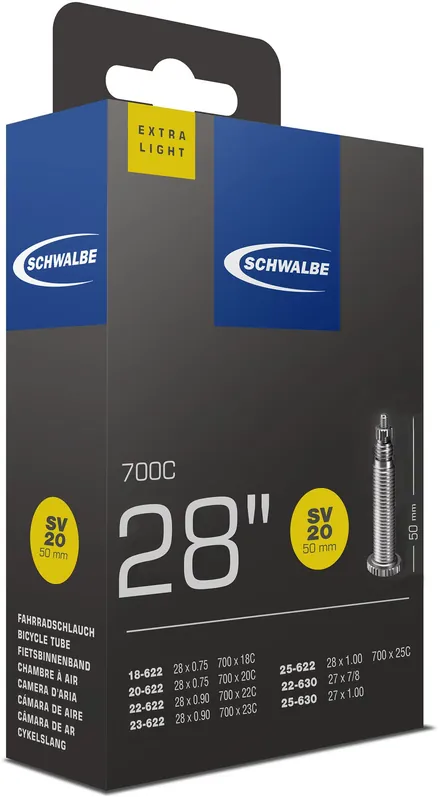 Abverkauf Schwalbe Schlauch Nr. 20 Extralight 28 Zoll schwarz Sclaverandventil long, 50 mm (SV)