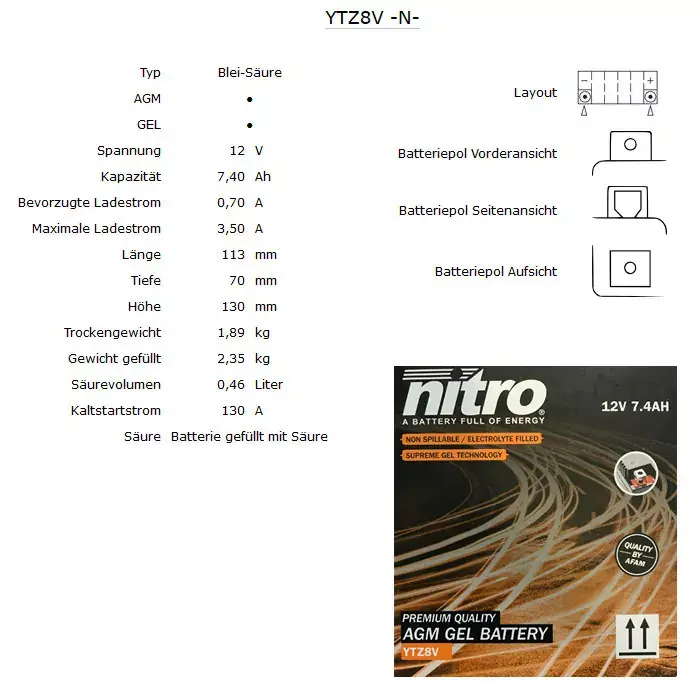 Nitro YTZ8V GEL Batterie 7,4Ah geschlossen Finale Aktion